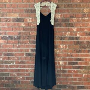XScape Gold Lace & Black Open Back Formal Gown